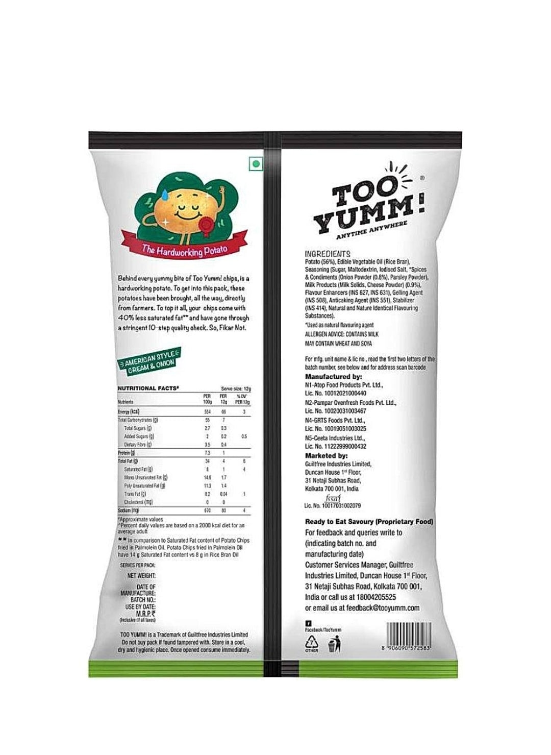 Too yum cream n onion chips 82g